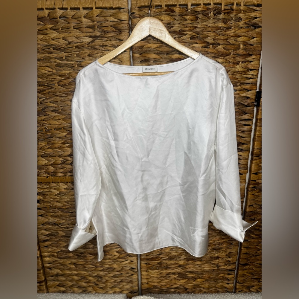 Lilysilk size Medium White Mulberry Silk Boatneck Long-Sleeve Shirt